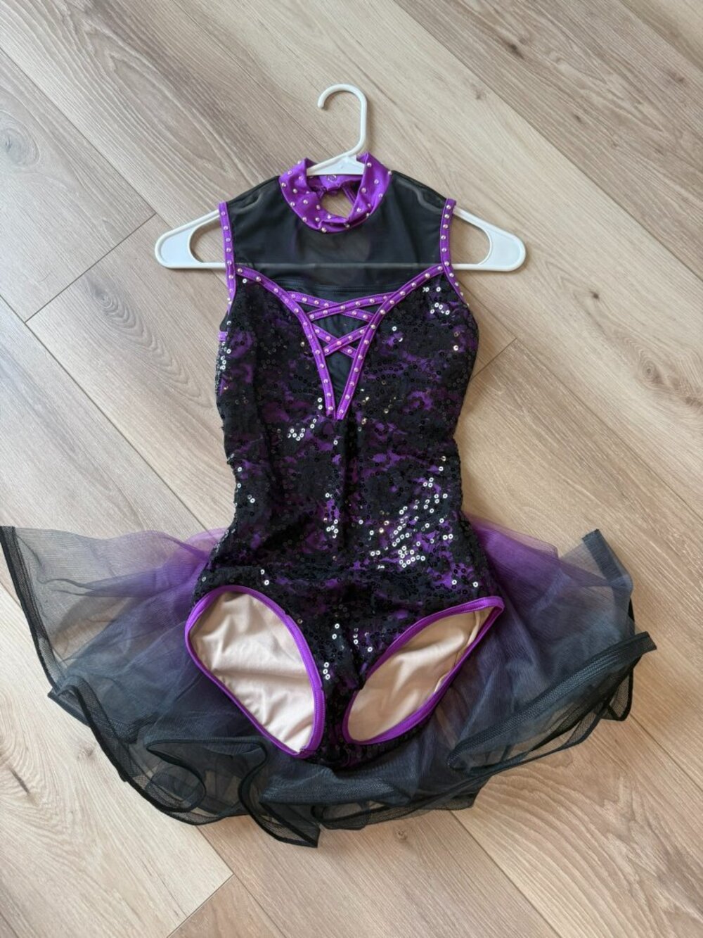 Purple & Black Sequin Lace Jazz Tap Dance Competition Costume LARGE CHILD